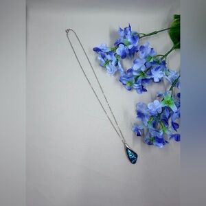 Silver Plated Necklace with Blue Abalone Teardrop Pendant